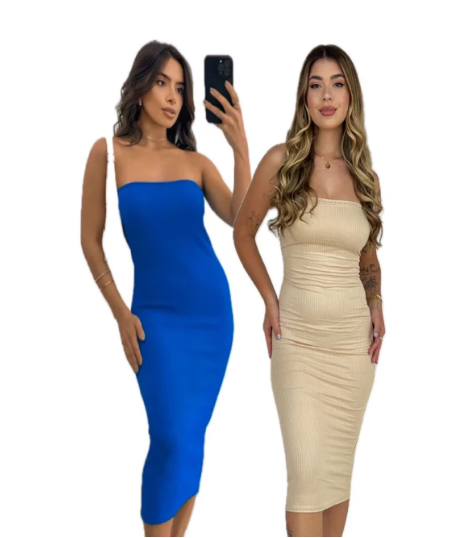 KIt 5 Peças Vestido Feminino Midi Tomara que Caia Canelado Tubinho