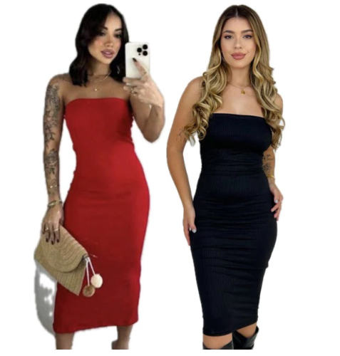 KIt 5 Peças Vestido Feminino Midi Tomara que Caia Canelado Tubinho