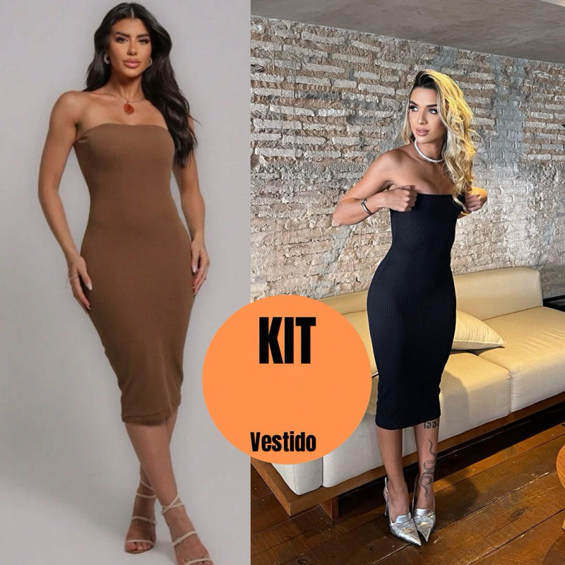 KIt 5 Peças Vestido Feminino Midi Tomara que Caia Canelado Tubinho